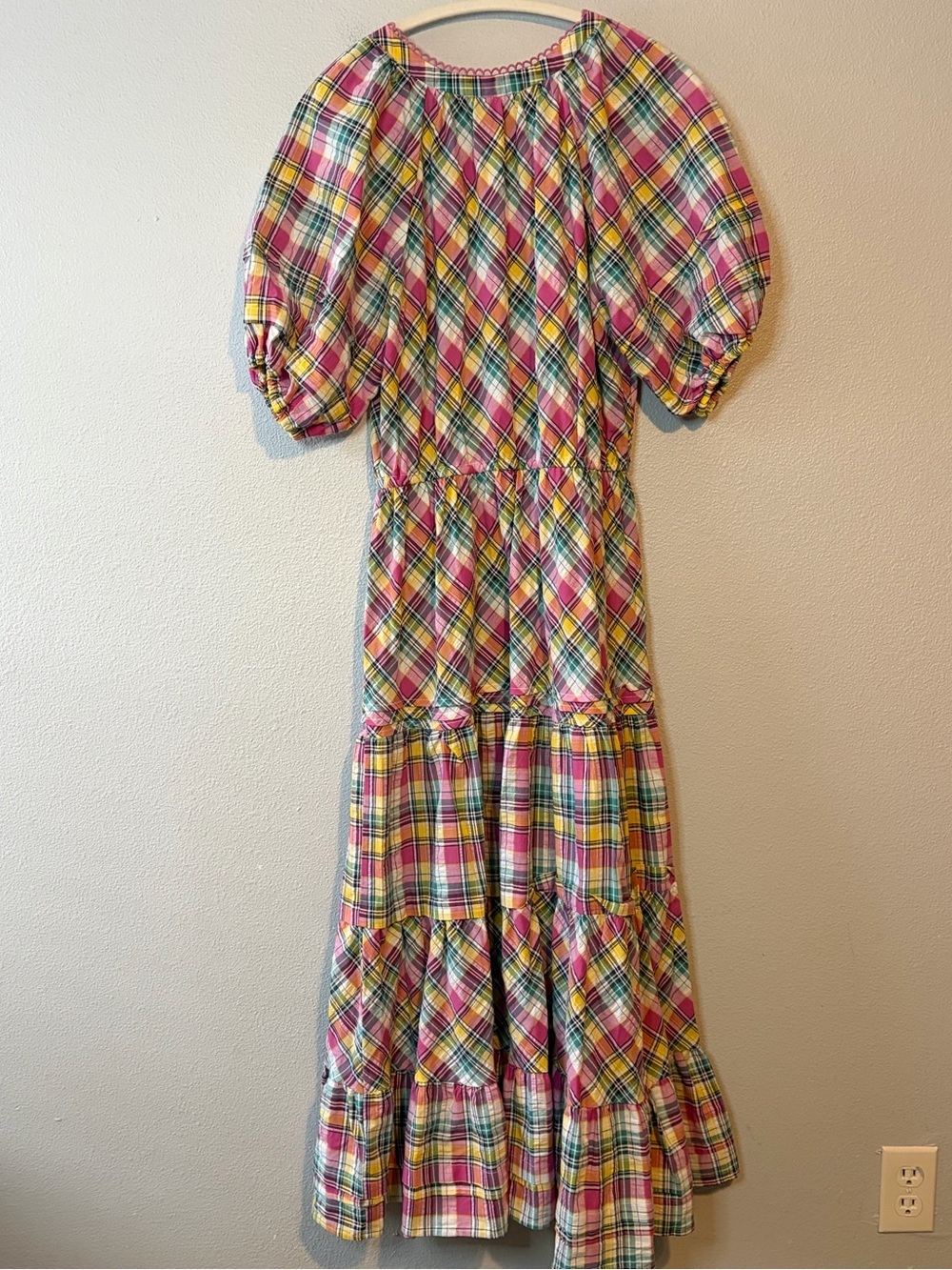 Betsey Johnson Madras Puff Sleeve Tiered Midi Dress size Large - Picture 4 of 4